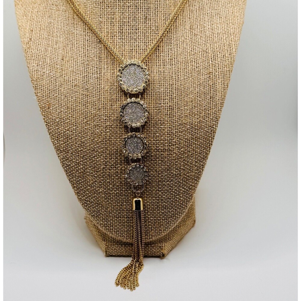 Glitter & Rhinestone Y Drop Tassel Necklace Gold Tone